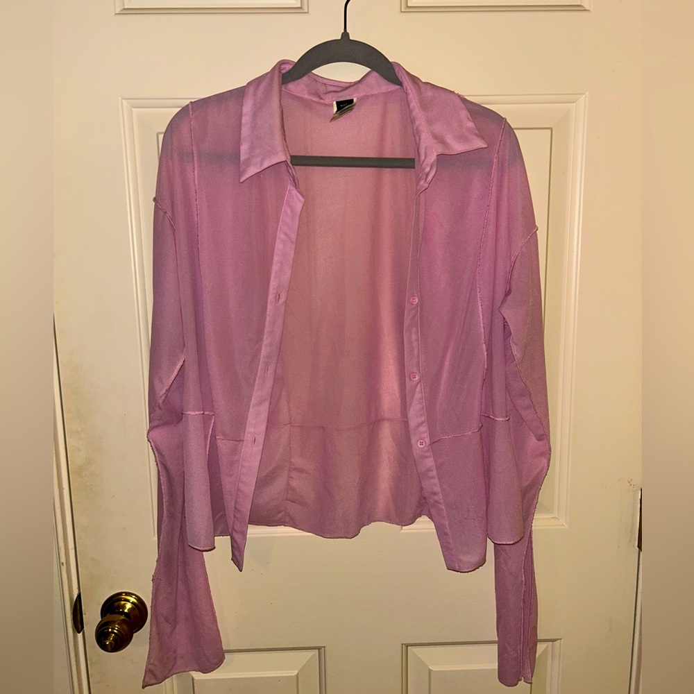 SHEIN Pink Sheer Long Sleeve Button Down Shirt